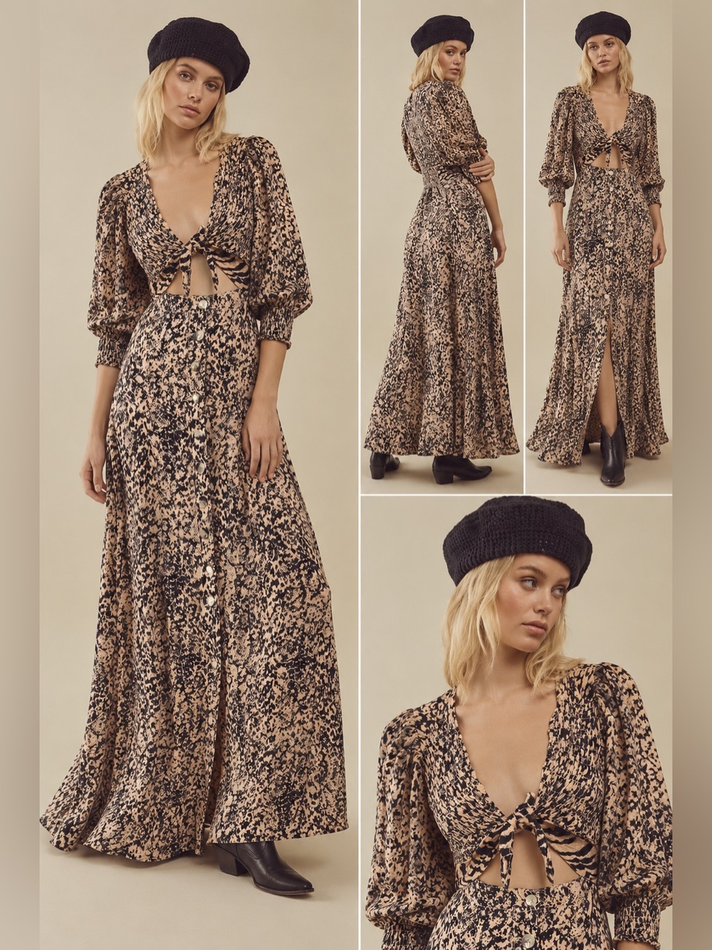 Free People Rowan boho animal print tie front smocked balloon sleeve maxi dress
